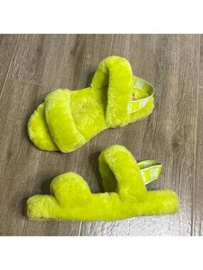 UGG Oh Yeah Slides Neon Green Fluffy Fuzzy Sandals Womens 4
